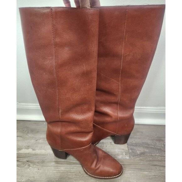 Madewell Women's Sz. 8.5 Knee High Brown Leather Stacked Heel Boots - Picture 5 of 10